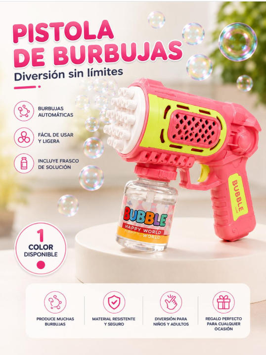 Pistola automática de burbujas rosa que produce muchas burbujas