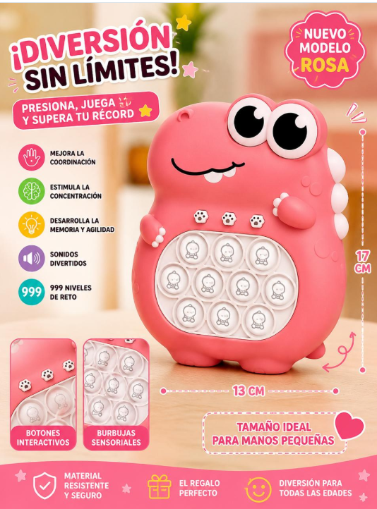 Juguete interactivo Pop It de dinosaurio en color rosa