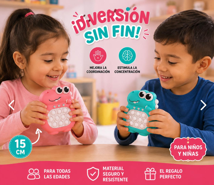 Niños jugando con juguetes Pop It de dinosaurio