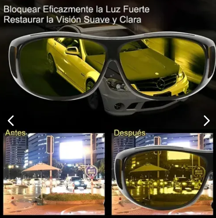 Gafas para conducir con lentes amarillos y comparación de visibilidad nocturna
