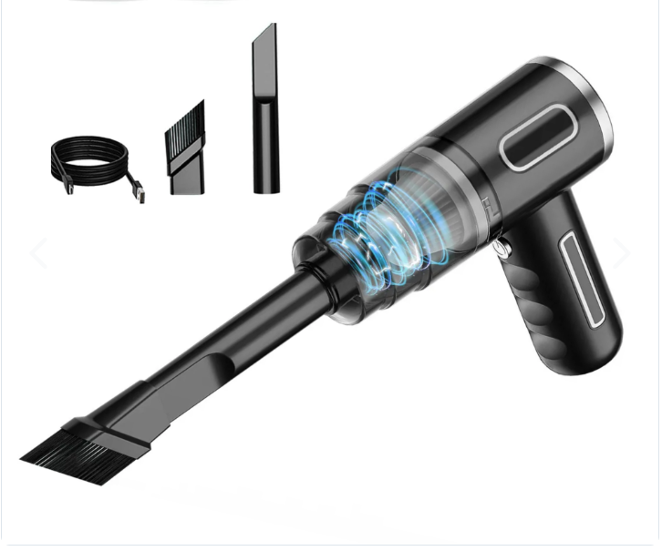 Aspiradora portátil negra para carro y casa con boquillas y cable USB