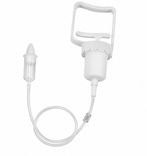 Extractor nasal manual para bebé con punta recolectora y manguera de succión sobre fondo blanco