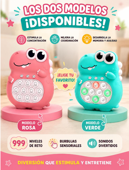 Juguetes Pop It de dinosaurio en colores verde y rosa