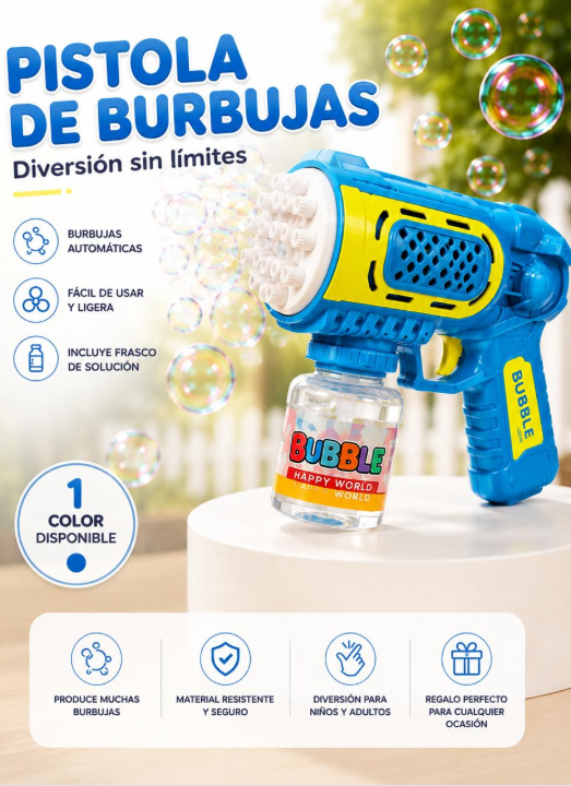 Pistola automática de burbujas con luz en color azul e incluye frasco de solución