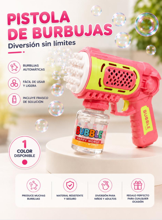 Pistola automática de burbujas con luz en color rosa e incluye frasco de solución