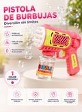 Pistola automática de burbujas con luz en color rosa e incluye frasco de solución